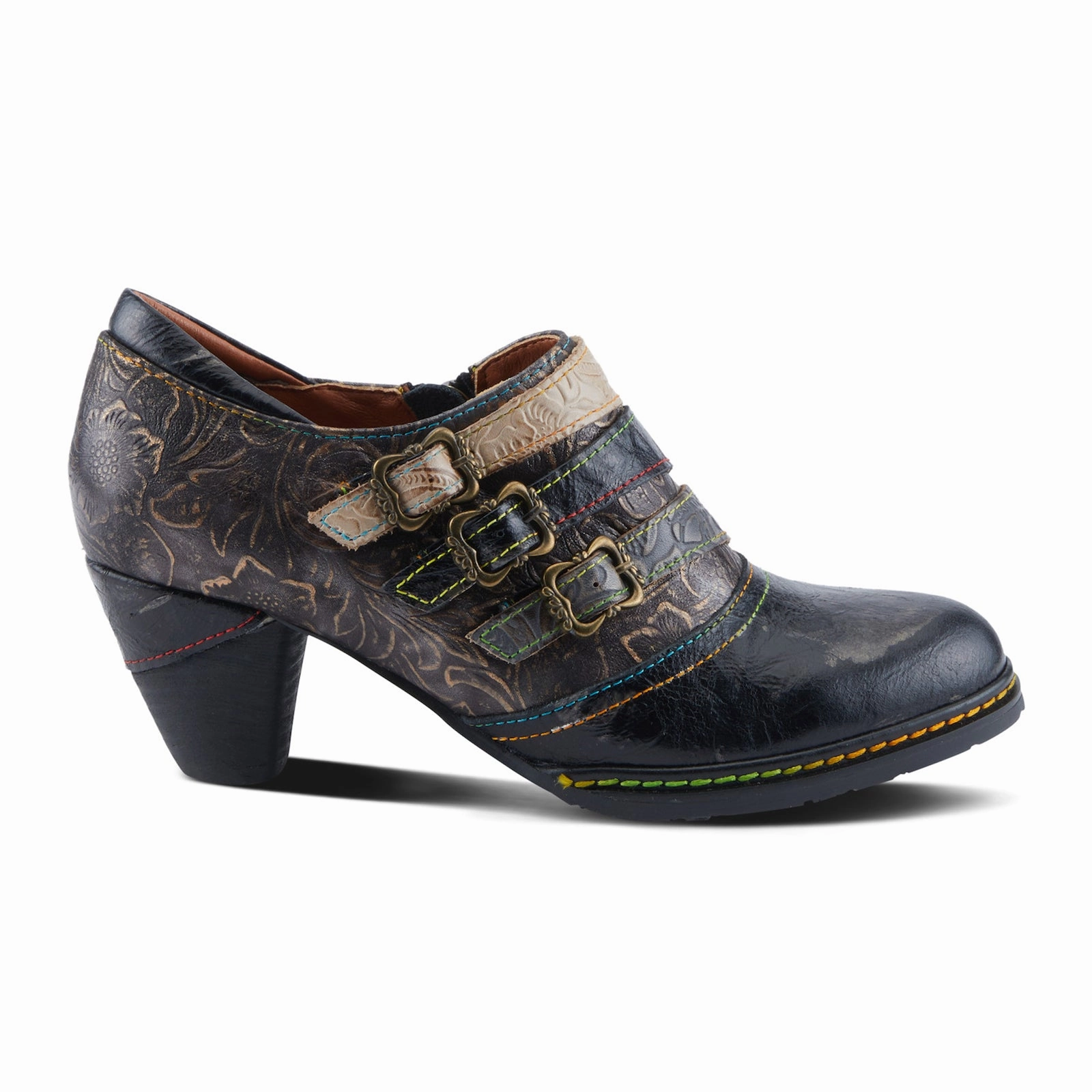 Fashionable L'Artiste Graphic Heeled Ankle Boot (Women) - Black Metallic