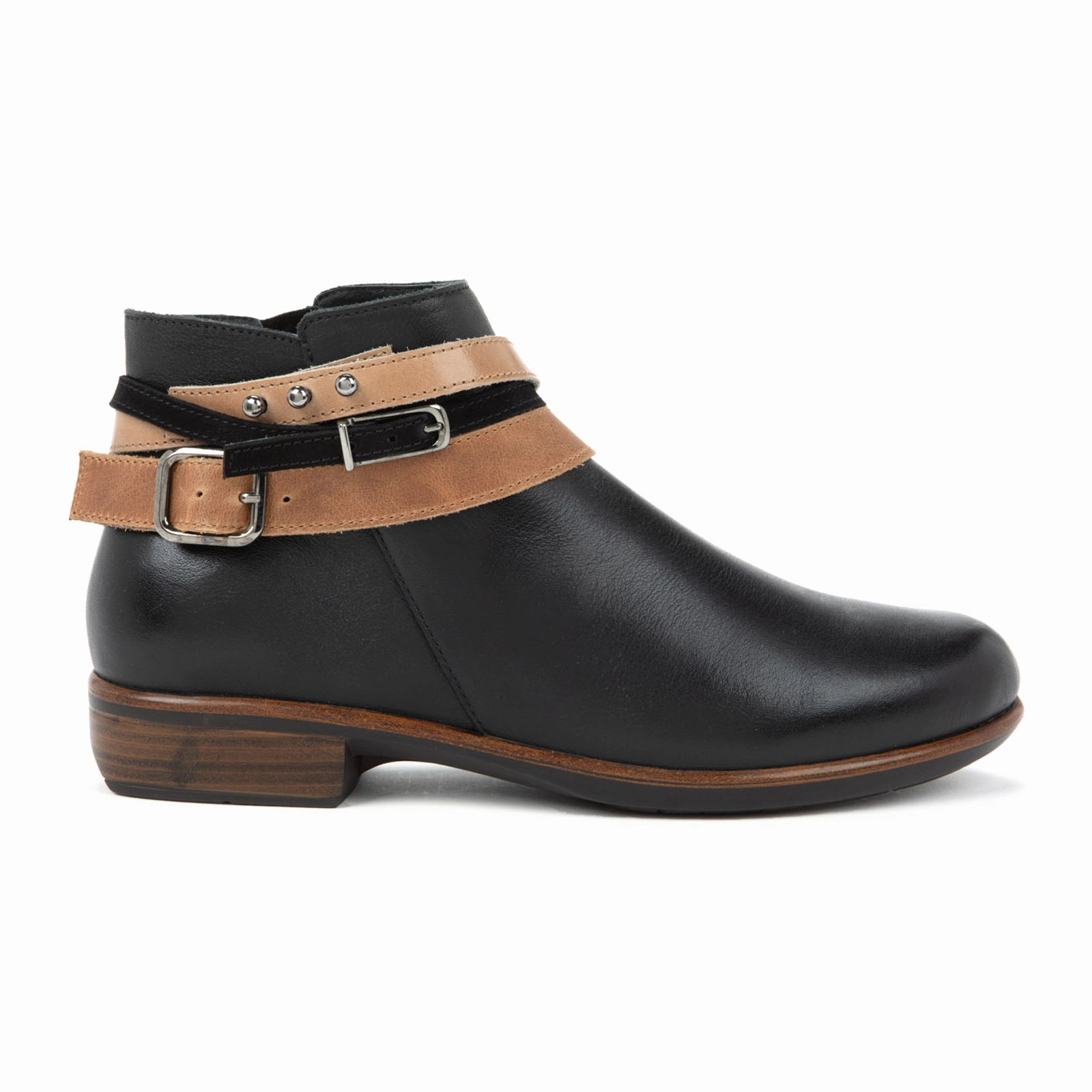 Stable Naot Sumatra Ankle Boot (Women) - Jet Black Leather/Brown Straps