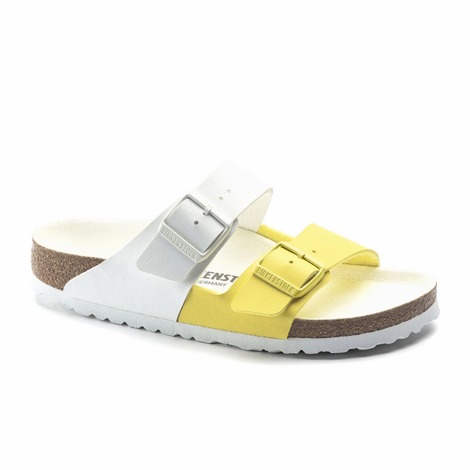 Step Out Eva Midsole Birkenstock Arizona Split Slide Sandal (Women) - White/Lime Sour Birko-Flor